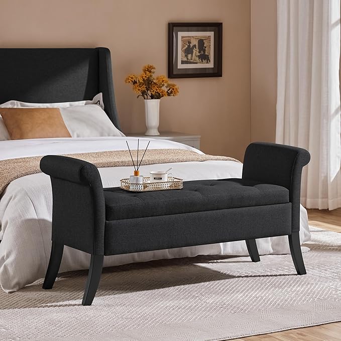 Yaheetech Ottoman with Storage, 52" Storage Ottoman Bench with Safety Hinge, Upholstered Bench with Seating for Bedroom, Living Room, Holds up to 661 lb, Black