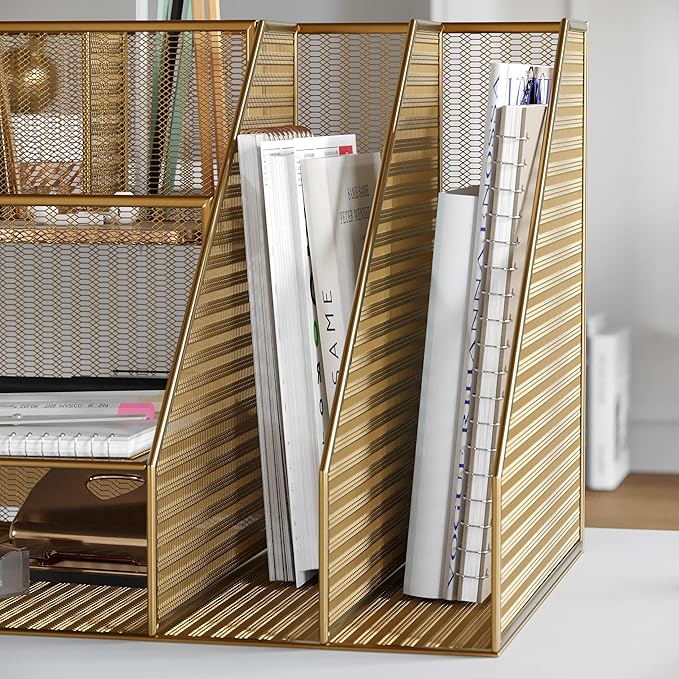 Martha Stewart Ryder Gold Mesh Metal Large Desktop Organizer with Magazine File Holder, Pen Holder, and Storage