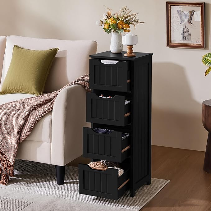 Yaheetech Bathroom Floor Cabinet, Wooden Side Storage Organizer, 4 Drawers Free-Standing Cabinet for Bathroom/Hallway/Living Room, Black