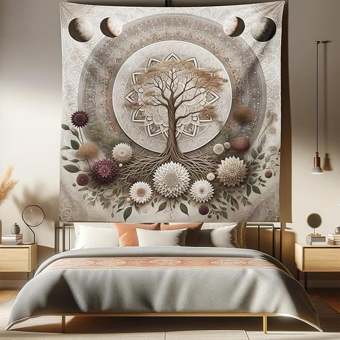 Ambesonne Moon Tapestry Queen Size, Ethno Mandal Featuring Gentle Vines of Tree of Life and Flowers Boho Luna, Wall Hanging Bedspread Bed Cover Wall Decor, 88" X 88", Pale Mustard Eggplant