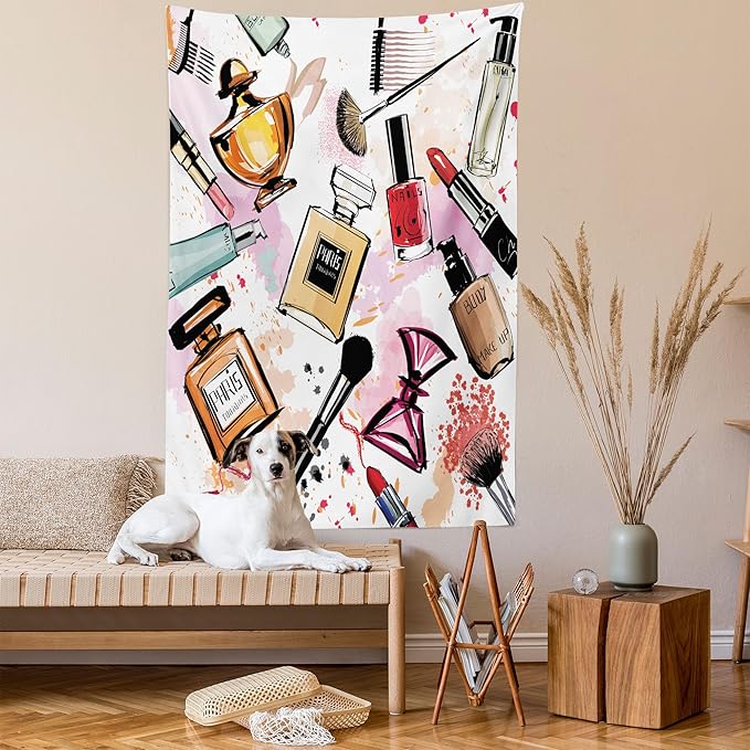 Ambesonne Fashion Tapestry, Cosmetic and Makeup Theme Pattern Perfume Lipstick Nail Polish Brush Modern, Wall Hanging for Bedroom Living Room Dorm Decor, 60" X 80", Coral White
