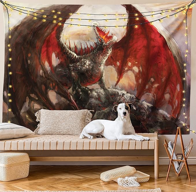 Ambesonne Fantasy World Tapestry, Majestic Dragon Resting on Mountain Mythological Fire-Spewing Creature Print, Fabric Wall Hanging Decor for Bedroom Living Room Dorm, 28" X 23", Brown Red