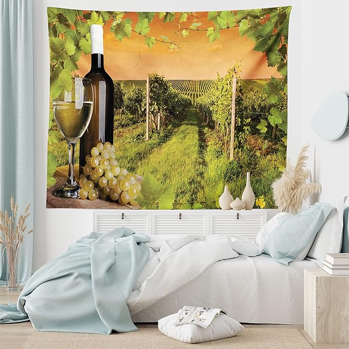 Ambesonne Winery Tapestry, Bottle and Glass of Wine and Vineyards of Sunset Countryside Romantic Evening View, Fabric Wall Hanging Decor for Bedroom Living Room Dorm, 30" X 45", Orange Green