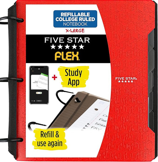 Five Star Flex Refillable Notebook + Study App, College Ruled Paper and 1-1/2 Inch TechLock Ring Binder with Pockets, Tabs and Dividers, 300 Sheet Capacity, Fire Red (29324AB2)
