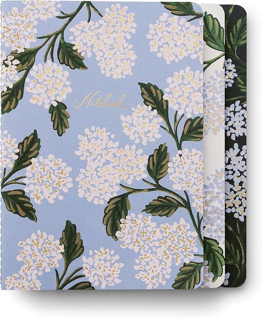 RIFLE PAPER CO. Stitched Notebook Set, 3-Pack Lined Journals with Canvas Paper Cover, Gold Foil Accents & 64 White Ruled Pages, Lay Flat Design | Hydrangea Pattern