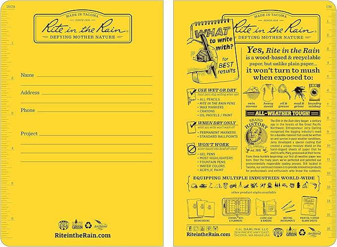 Rite In The Rain Weatherproof Stapled Notebook, 4.625" x 7", Yellow Cover, Metric Field Pattern, 3 Pack (No. 361FX)
