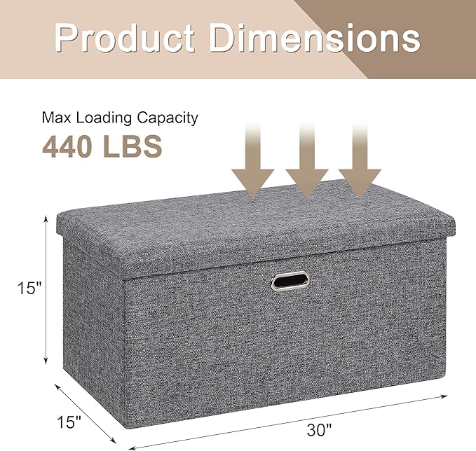 VECELO 30'' Folding Storage Ottoman Bench, End of Bed Linen Fabric Foot Rest Stool with Padded Seat, Large Footstools for Bedroom, Living Room, Load 500 lb, Grey