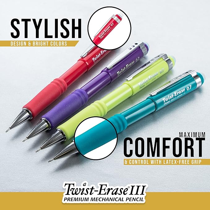 Pentel Twist-Erase III Mechanical Pencil, (0.5mm), Fine Line, Blue Barrel, Pack of 4 (QE515BP4C)