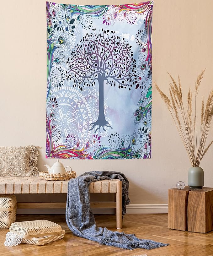 Ambesonne Nature Tapestry, Tree of Life Motif Peacock Feathers Tribal Vintage Prehistoric Flora Illustration, Wall Hanging for Bedroom Living Room Dorm Decor, 60" X 80", Blue