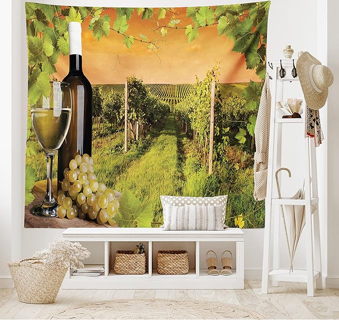 Ambesonne Winery Tapestry, Bottle and Glass of Wine and Vineyards of Sunset Countryside Romantic Evening View, Fabric Wall Hanging Decor for Bedroom Living Room Dorm, 30" X 45", Orange Green