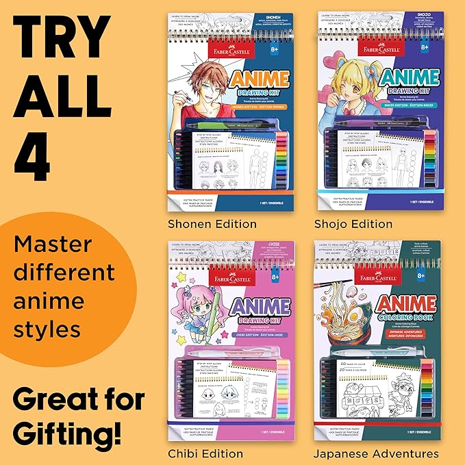 Faber-Castell Anime Drawing Kit: Shonen Edition | Step-by-Step Instruction Book with 20 Practice Pages, Color Pencil Set & Drawing Supplies for Kids, Easter Basket Stuffer (1 Book)