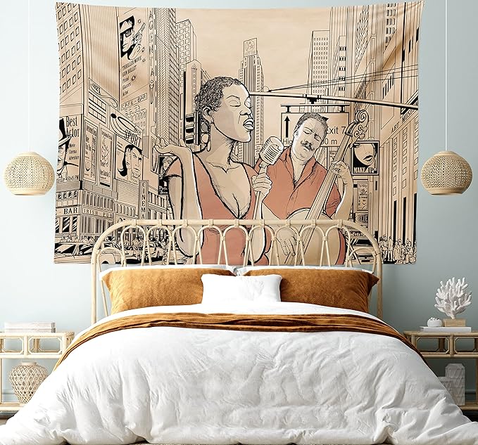 Ambesonne Jazz Music Tapestry King Size, Singer Double-Bass Player in a Street of New York Urban Lifestyle Image, Wall Hanging Bedspread Bed Cover Wall Decor, 104" X 88", Brown Beige