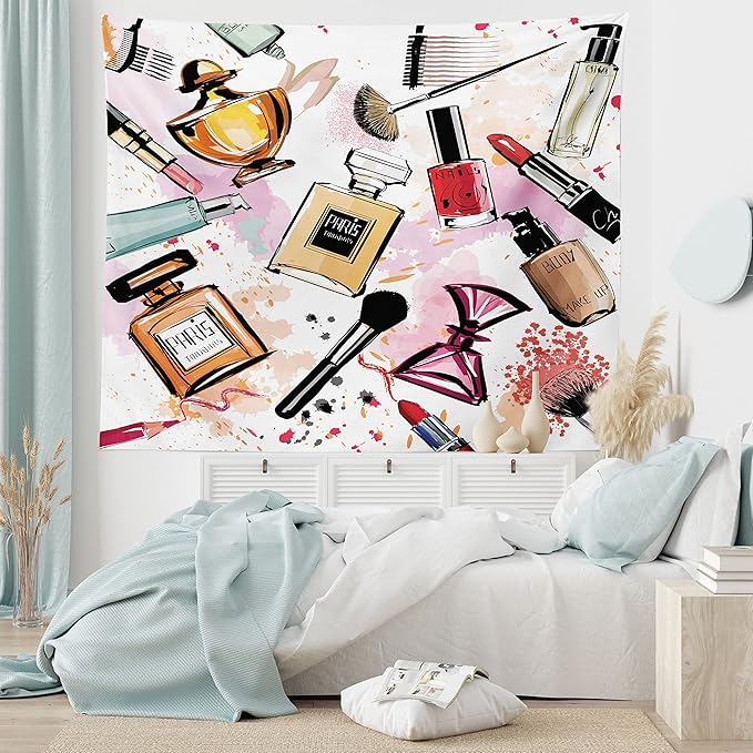 Ambesonne Fashion Tapestry, Cosmetic and Makeup Theme Pattern Perfume Lipstick Nail Polish Brush Modern, Fabric Wall Hanging Decor for Bedroom Living Room Dorm, 28" X 23", Coral White