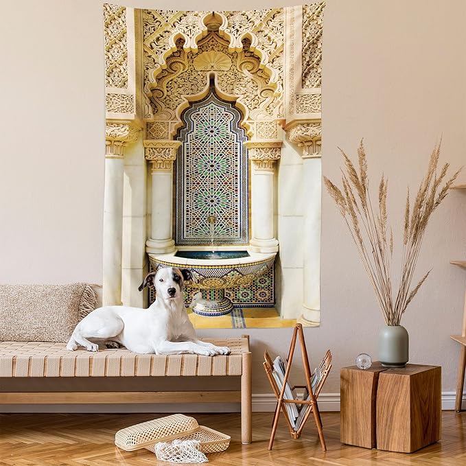 Ambesonne Moroccan Tapestry, Vintage Building Design Art Historic Exterior Facade with Mosaic Print, Fabric Wall Hanging Decor for Bedroom Living Room Dorm, 23" X 28", Ivory Pale Brown Blue