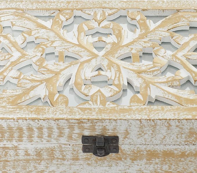 Deco 79 Mango Wood Floral Handmade Decorative Box Decorative Keepsake Boxes with Hinged Lid, Set of 3 Storage Boxes 8", 10", 12"W, White