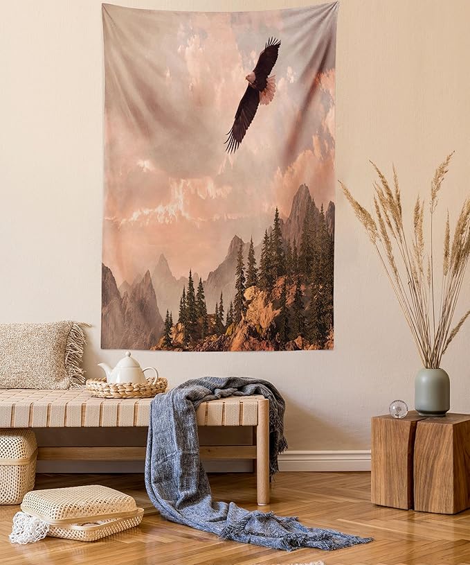 Ambesonne Eagle Tapestry, Nature Photography of Rocky Mountains and Forest a Bird Flying over It, Fabric Wall Hanging Decor for Bedroom Living Room Dorm, 30" X 45", Rose Green
