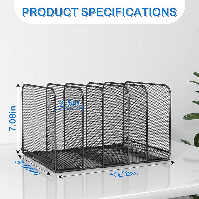 5 Sections Desk File Holder/Rack/Sorter,Mesh File Organizer,File Folder Organizer,Metal Upright Desktop Organization for Documents,Magazine,Kitchenware,Antiskid,Antirust,Sturdy,2 Packs