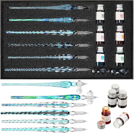 Zonon Glass Dipped Pen Ink Set 14 Pcs Include 6 Pcs Glass Dip Pen, 6 Colorful India Ink and 2 Holder Crystal Signature Calligraphy for Art, Writing, Gift(Blue Color System)