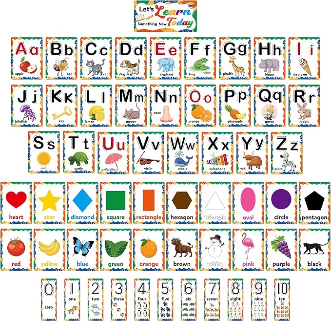 D-FantiX 58 Pieces Alphabet and Number Bulletin Board Set, Manuscript Educational Preschool Cards, Early Learning Alphabet Number Colors Shapes Posters for Kids Kindergarten Classroom Wall Decorations