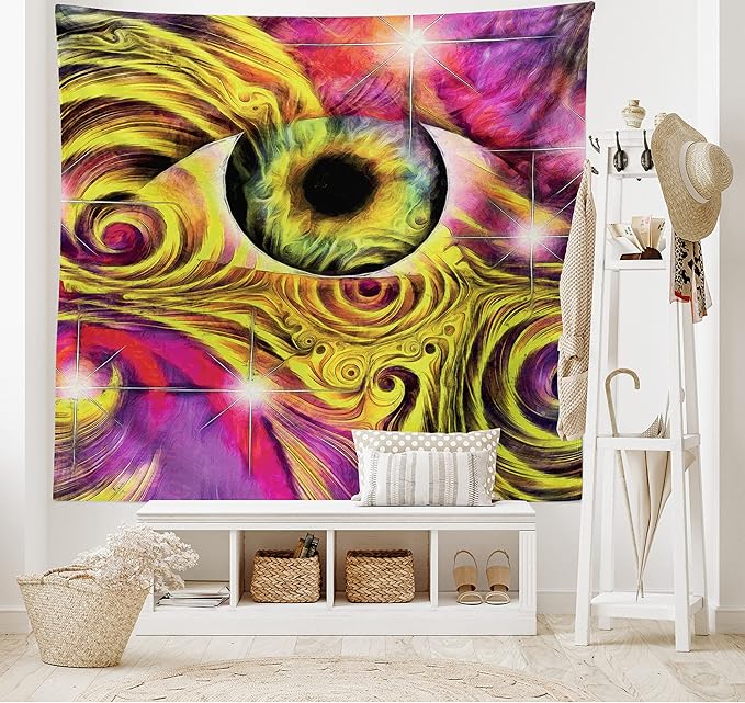 Ambesonne Psychedelic Tapestry, Hippie Hallucinatory Eye in Vivid Colors with Optical Swirl Lines Graphic, Fabric Wall Hanging Decor for Bedroom Living Room Dorm, 28" X 23", Fuchsia Yellow