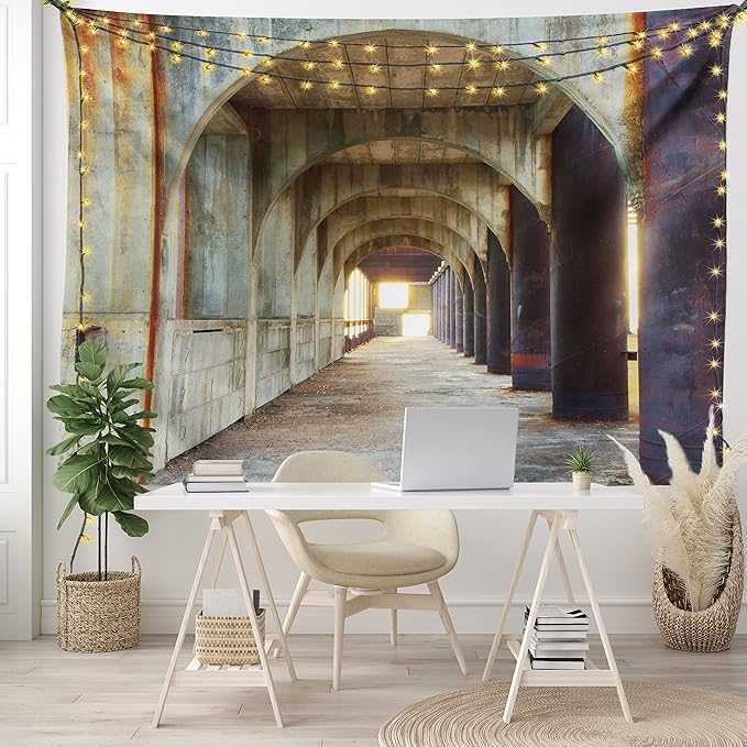 Ambesonne Urban Tapestry, Corridor of Concrete Pillars Structure Urban Industrial Rustic Style Art, Wall Hanging for Bedroom Living Room Dorm Decor, 40" X 60", Brown Purple