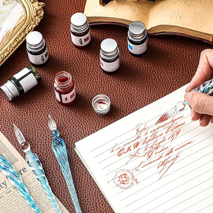 Zonon 6 Pieces Handmade Glass Dip, Crystal Glass Signature Calligraphy Vintage Dip Ink Pen Borosilicate Present Pen for Writing Drawing Decoration(Blue Green Color,Classic Style)