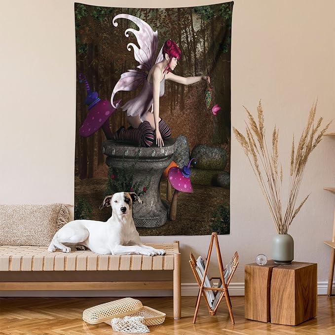 Ambesonne Tale Tapestry, Dimensional Mythical Creature Design Artifact on Pedestal Forest Print, Fabric Wall Hanging Decor for Bedroom Living Room Dorm, 23" X 28", Red Purple Grey