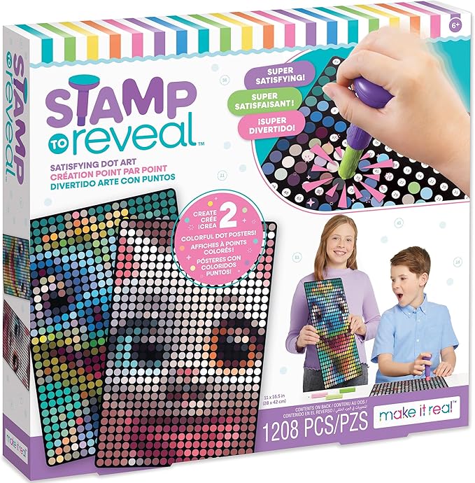 Make It Real: Stamp to Reveal Cool Cat & Smily Dino - DIY Dot Poster Character, 11x16.5, Craft Kit, Artwork Activity, Girls & Kids Ages 6+