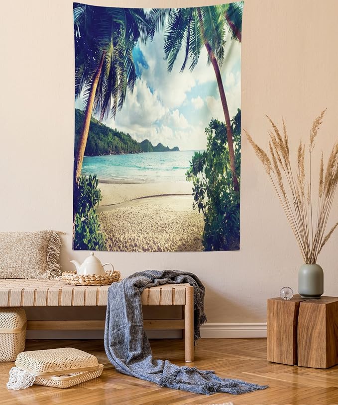 Ambesonne Palm Tree Tapestry, Summer Beach Vintage Style Tropical Sunset Picture Print, Fabric Wall Hanging Decor for Bedroom Living Room Dorm, 30" X 45", Dark Green Sand Brown