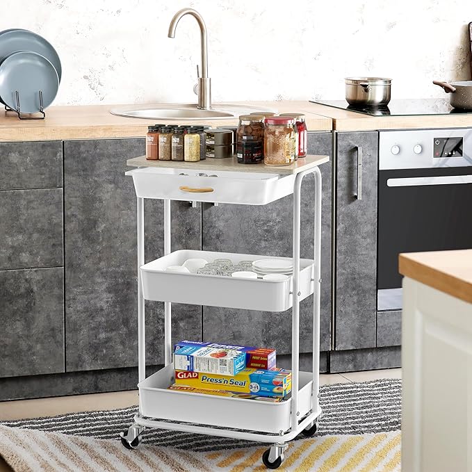 Simple Houseware 3-Tier Rolling Utility Cart with Drawer & Wood Tabletop - Mobile Sofa Side Table, Nightstand, Slim Storage Organizer Trolley for Bedroom, Bathroom, Office & Art Supplies, Maple