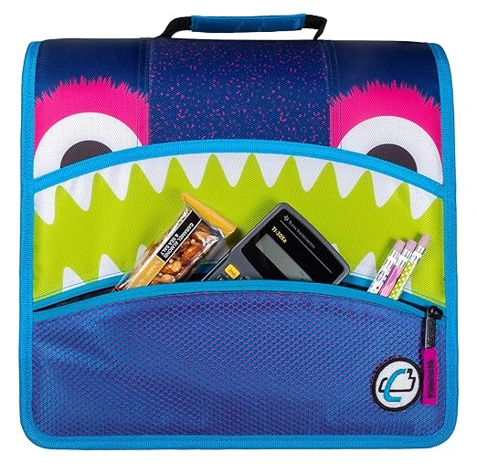 Case-it Mighty Zip Tab School Zipper Binder | 3-Inch O-Rings, 600-Sheet Capacity, 5-Subject Expanding File Folder, Multiple Pockets & Storage Organizer, Shoulder Strap | D-146 Monster Design Purpal