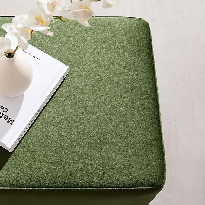 Modway Tilden 17 Inch Square Performance Velvet Upholstered Ottoman in Moss Green Natural - Small Ottoman Foot Rest with Rubberwood Plinth Base - Living Room Ottoman Side Table,