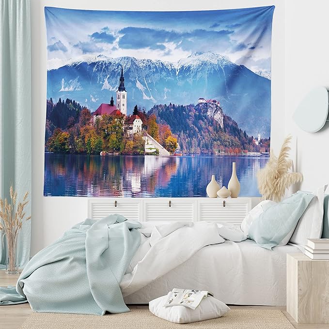 Ambesonne Landscape Tapestry Queen Size, Photo of Bled in Slovenia with Lake Snowy Mountains and a Castle Pastoral Scenery, Wall Hanging Bedspread Bed Cover Wall Decor, 88" X 88", Blue Lavender
