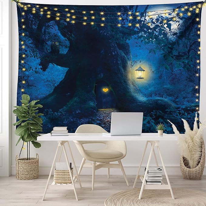 Ambesonne Fantasy Tapestry, Night with a Little Home in The Trunk of an Tree in The Woods Print, Fabric Wall Hanging Decor for Bedroom Living Room Dorm, 23" X 28", Navy Blue