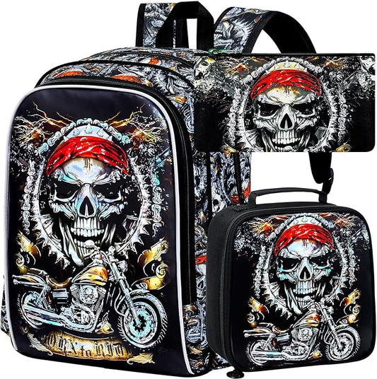 KLFVB 3PCS Kids Bookbag, 17" Boys Backpack and Lunch Box, Water Resistant Teenagers School Bag for Middle Elementary - Skeleton Motorcycle