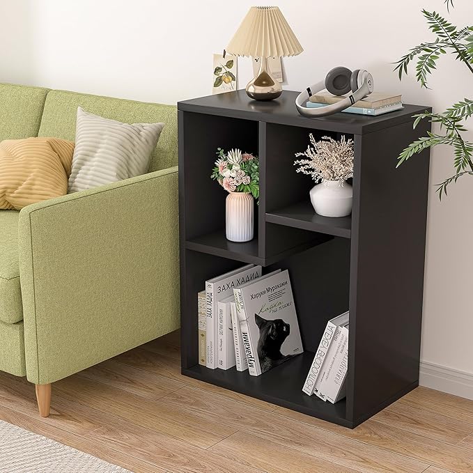 VECELO Small Bookshelf, 3 Cube Shelf, Fits Tallest Hardcovers, Horizontal Available, Short Bookcase for Small Spaces,Black