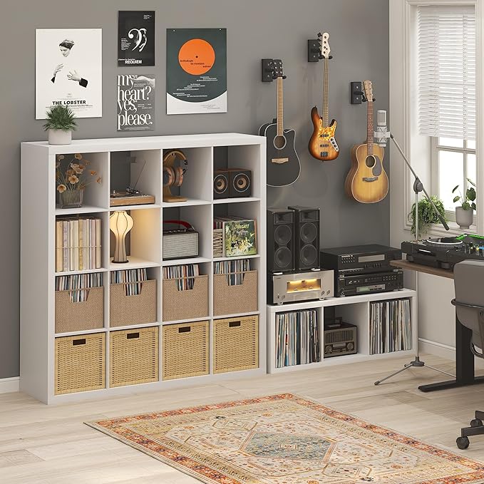 Furinno Cubicle Record Player Stand with Vinyl Storage, 3-Cube 1.2 Extra Thick Vinyl Record Storage, Open Back Media Shelf for CD DVD Blueray Game Disc, for Living Room, Home Office, White