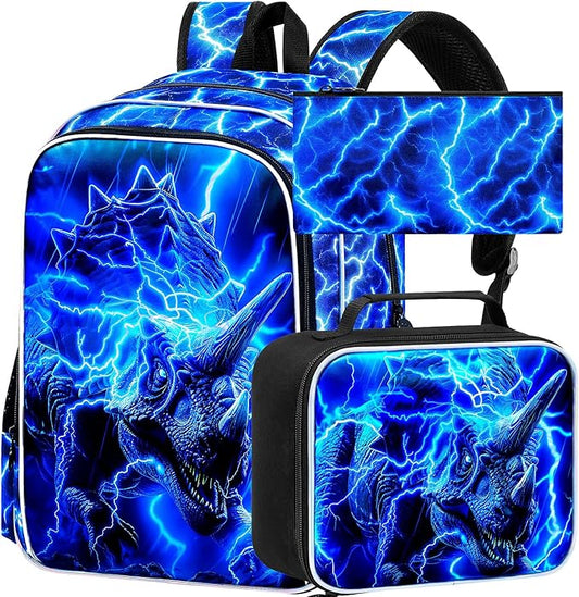 KLFVB 3PCS Boys Lightning Bookbag Set, 17" Dinosaur Backpack and Lunch Box, Water Resistant Teenagers School Backpacks for Middle Elementary - Lightning Triceratops