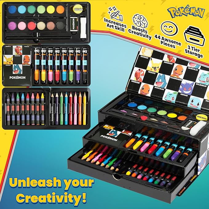 Pokemon Art Set for Boys Girls Drawing Painting Kit Markers Crayons Colored Pencils School Supplies Anime Gifts for Kids (Black)