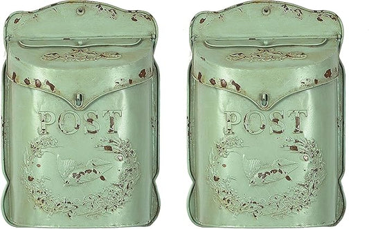Creative Co-Op Aqua Embossed Tin Post Box with Distressed Finish (Pack of 2)