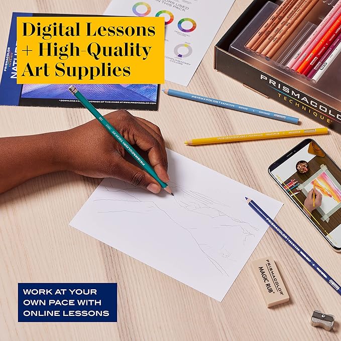 Prismacolor Technique Art Supplies and Digital Art Lessons Nature Drawing Set Level 2 Watercolor Pencils Brush Markers and More Sunset Landscape Drawing 27 Count (Pack of 4)