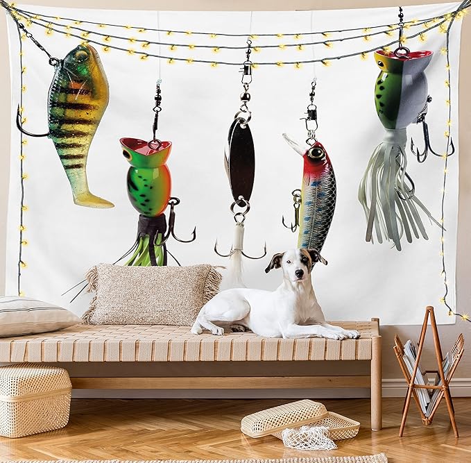 Ambesonne Fishing Tapestry, Various Type of Fishing Baits Hobby Leisure Passtime Sports Hooks Catch Elements, Wide Wall Hanging for Bedroom Living Room Dorm, 80" X 60", White Multicolor
