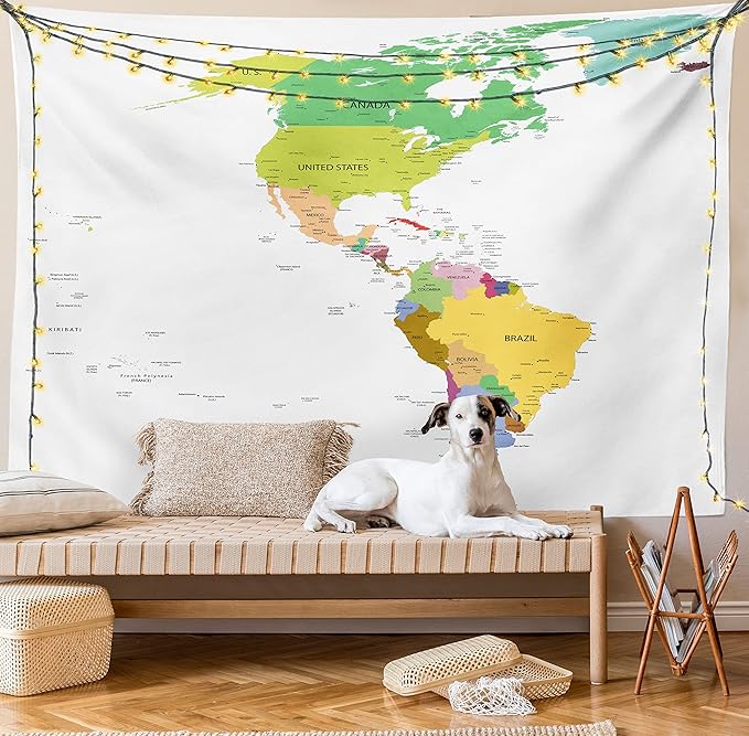 Ambesonne Map Tapestry Queen Size, Map of South and North America with Countries Capitals and Major Cities Colorful Design, Wall Hanging Bedspread Bed Cover Wall Decor, 88" X 88", Green White