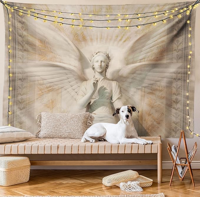 Ambesonne Retro Tapestry, Angel Woman in Medieval Site Vintage Style Mythical Design, Wall Hanging for Bedroom Living Room Dorm Decor, 60" X 80", Yellow White