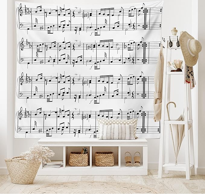 Ambesonne Music Tapestry, Musical Notes on the Clef Illustration Ornamental Pattern Art Print, Wide Wall Hanging for Bedroom Living Room Dorm, 60" X 40", Black White