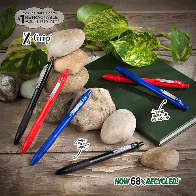 Zebra Pen Z-Grip Recycled Retractable Ballpoint Pens,1.0mm, Blue Ink, Durable Metal Clip, 68% Recycled (GRS Certified; Global Recycled Standards), School & Office Supplies, 12-Pack (20620)