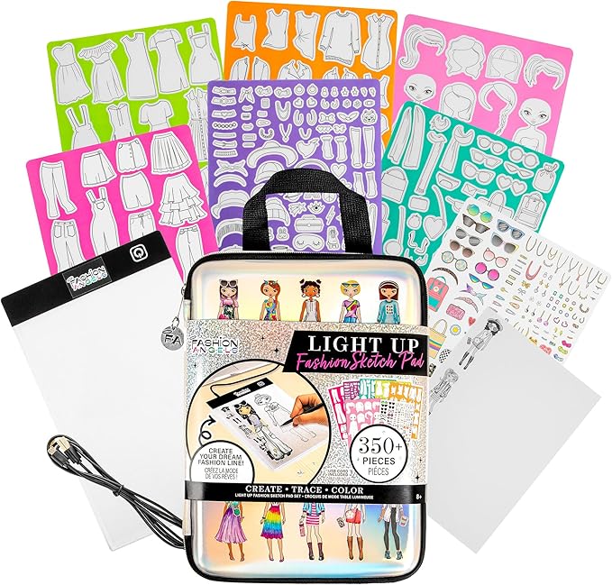 Fashion Angels Fashion Design Light Up Sketch & Tracing Pad, Includes Holograpic Carrying Case, USB, Ultra Thin Tablet, 350+ Stencils & Stickers, Ideal for Kids Ages 8+