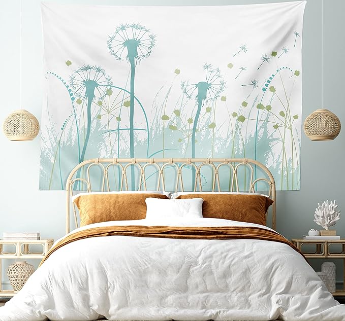Ambesonne Spring Tapestry, Silhouette Dandelion Floral Foliage Seasonal Blooms Botany Eco Illustration, Fabric Wall Hanging Decor for Bedroom Living Room Dorm, 28" X 23", Khaki Green