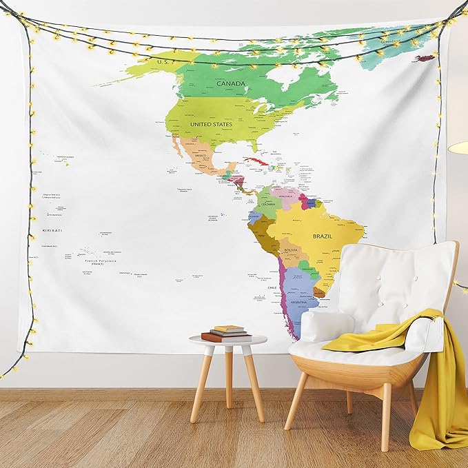 Ambesonne Map Tapestry, Map of South and North America with Countries Capitals and Major Cities Colorful Design, Fabric Wall Hanging Decor for Bedroom Living Room Dorm, 45" X 30", Green White