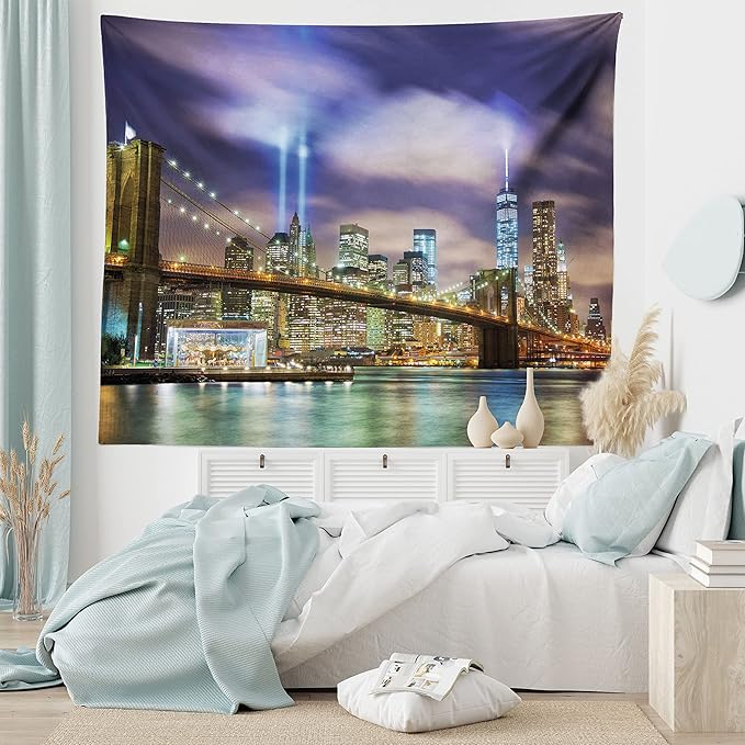 Ambesonne Landscape Tapestry, Manhattan Skyline with Brooklyn Bridge and Towers in NYC United States America, Fabric Wall Hanging Decor for Bedroom Living Room Dorm, 45" X 30", Purple Green